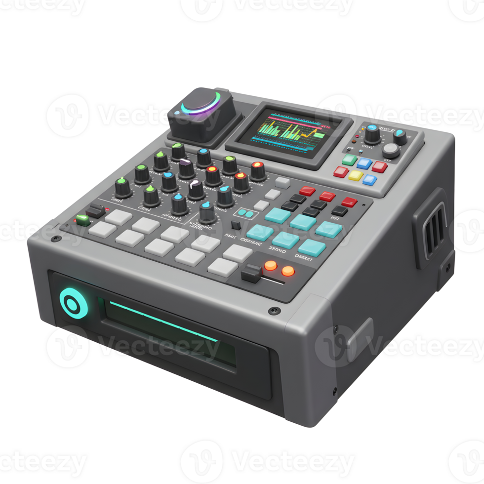 A gray audio mixer with various buttons, knobs, and a screen displays audio levels for music production. png