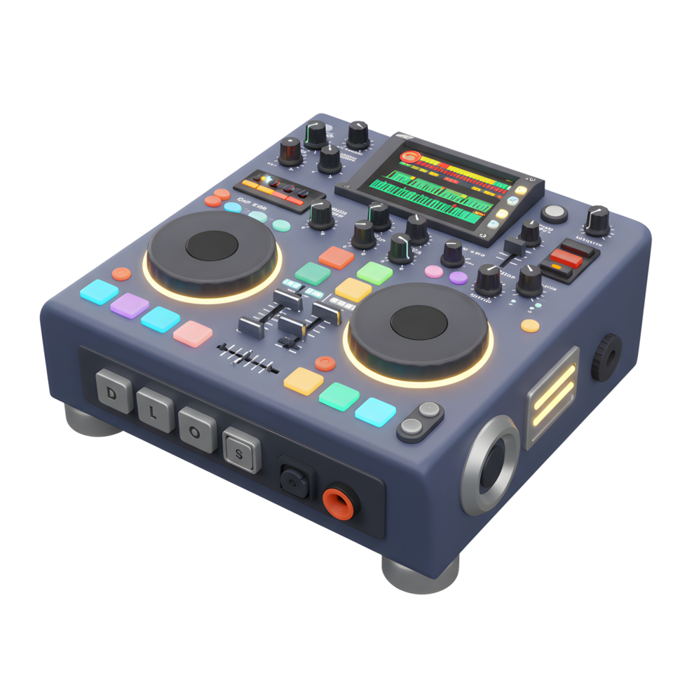 The DJ controller features an illuminated screen, knobs, buttons, jog wheels, and inputs, perfect for creating and mixing music. png