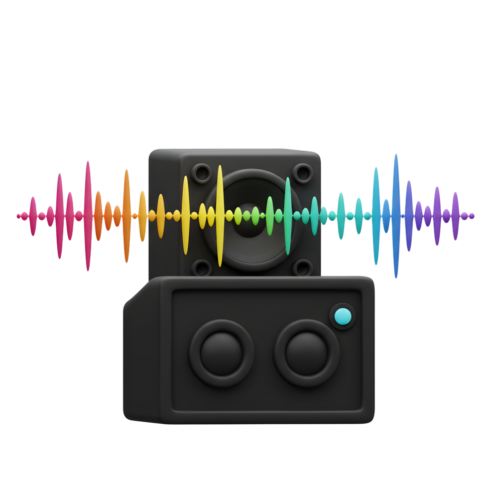 A black speaker illustration showing a colorful waveform moving outwards, representing sound or music for entertainment purposes. png