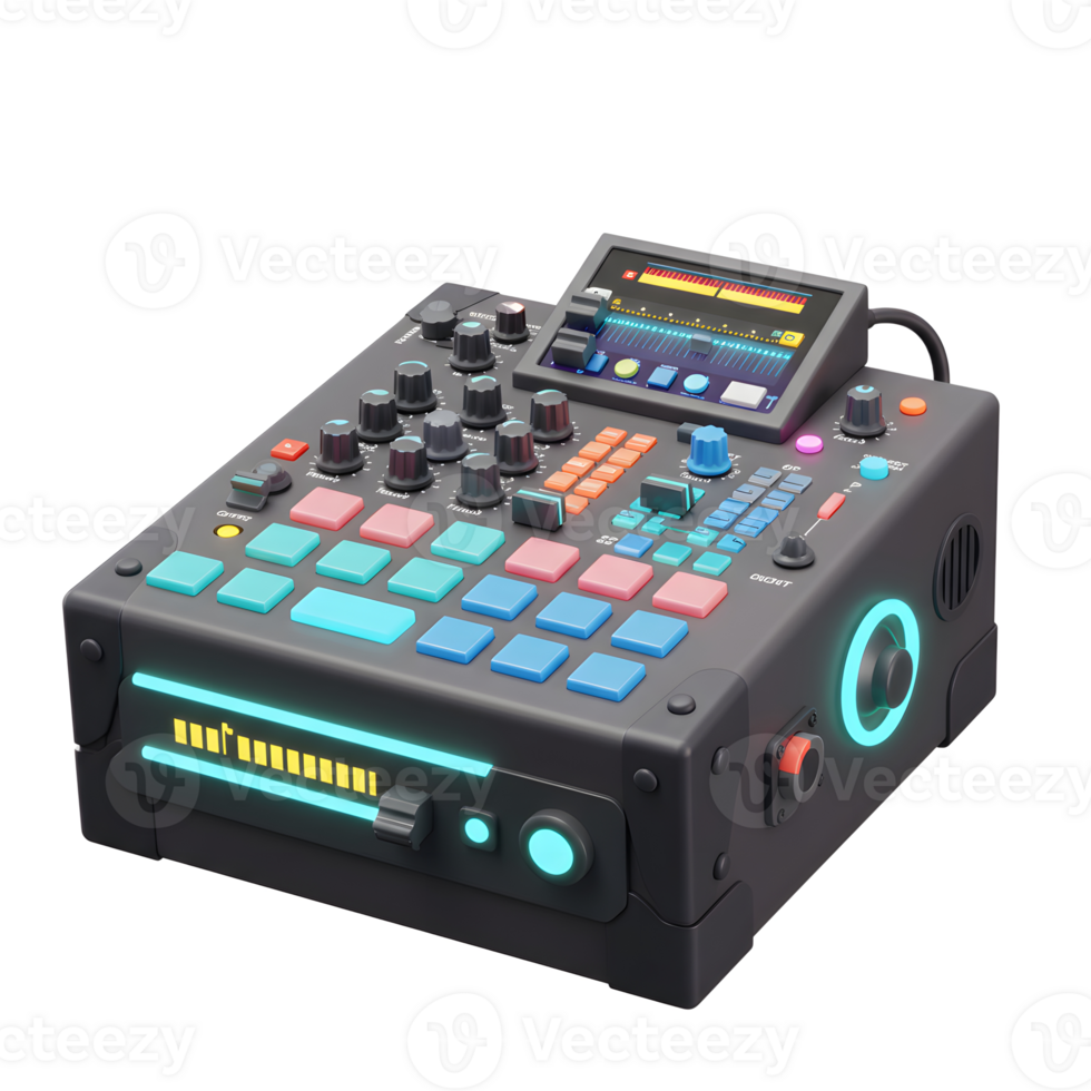 This is a sound mixer featuring multiple buttons, knobs, and a screen, which could be used for music production or audio mixing. png