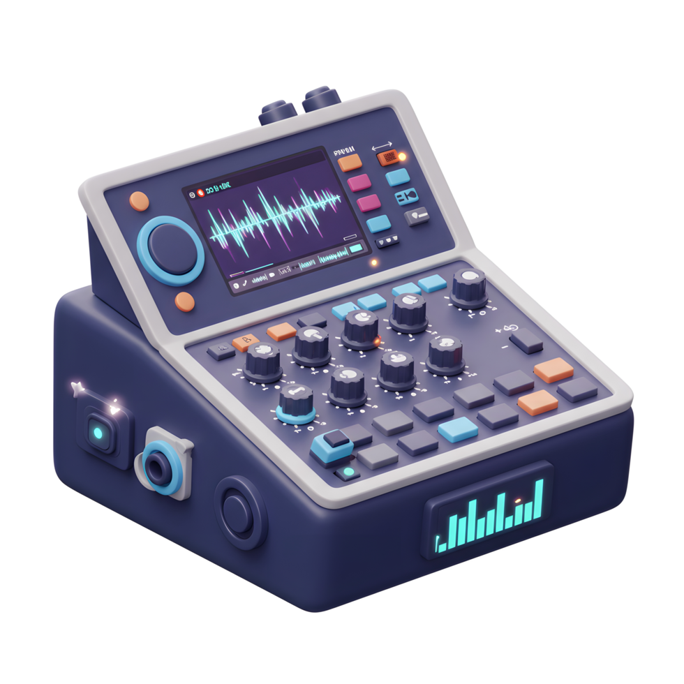This cartoon-style sound mixer has numerous knobs and buttons for audio control with an illuminated screen, often used in professional recording studios. png