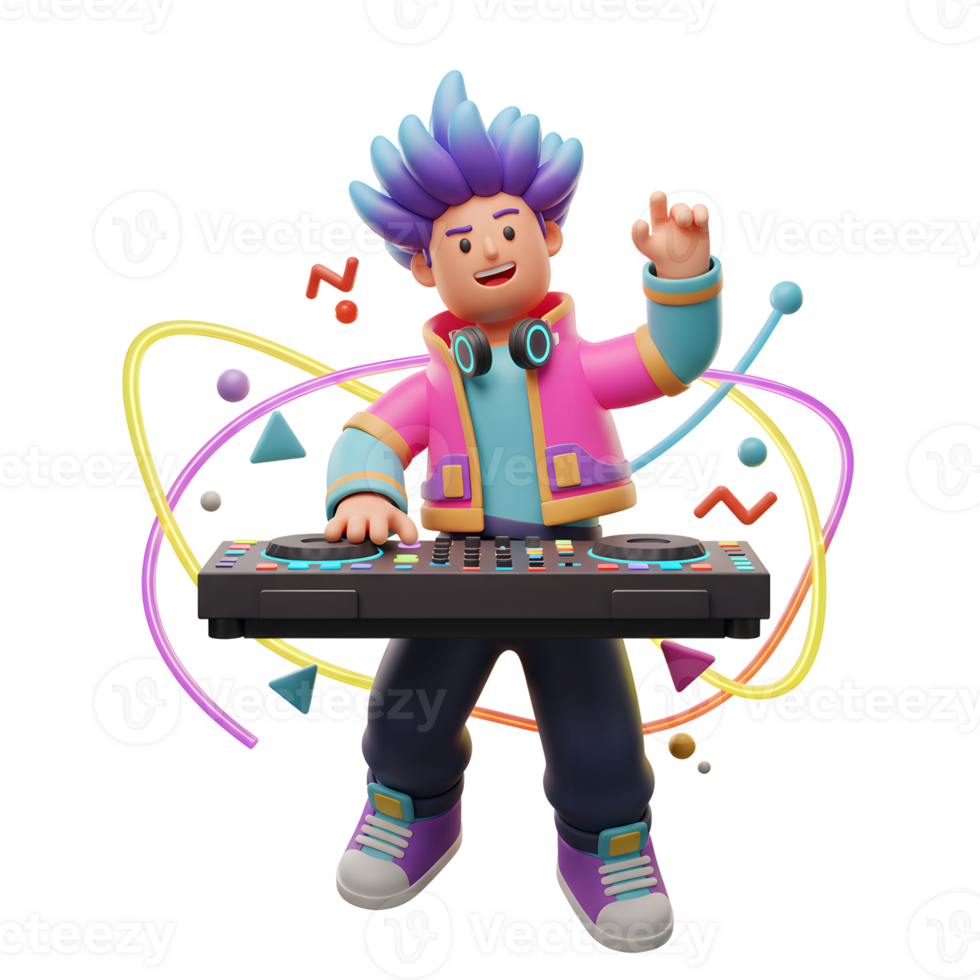 A cartoon DJ with colorful hair and headphones is playing music on a mixer while surrounded by abstract shapes, and it is suitable for entertainment or music-themed projects. png