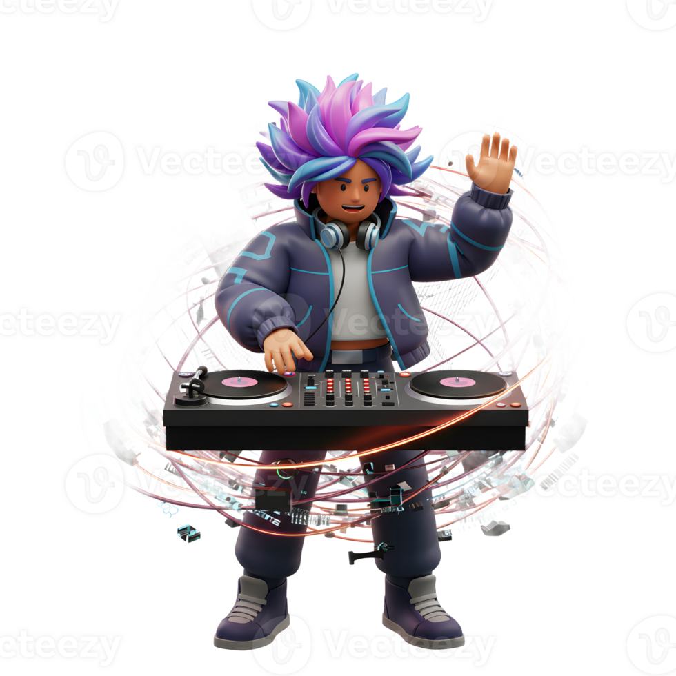 Cartoon style DJ character mixes music on a turntable while surrounded by glowing, floating tech elements, creating a futuristic and energetic image for entertainment. png