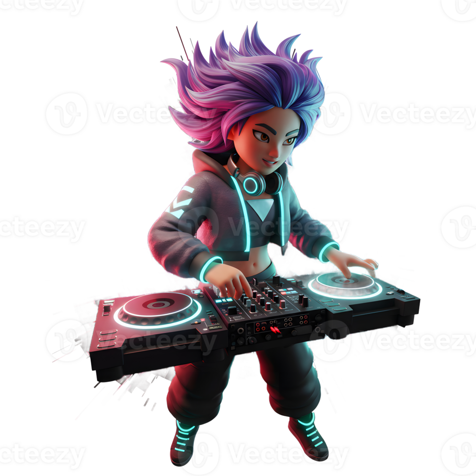 A stylized female character with purple hair mixes music on a turntable while wearing a hoodie and headphones, creating a vibrant and energetic atmosphere for entertainment. png