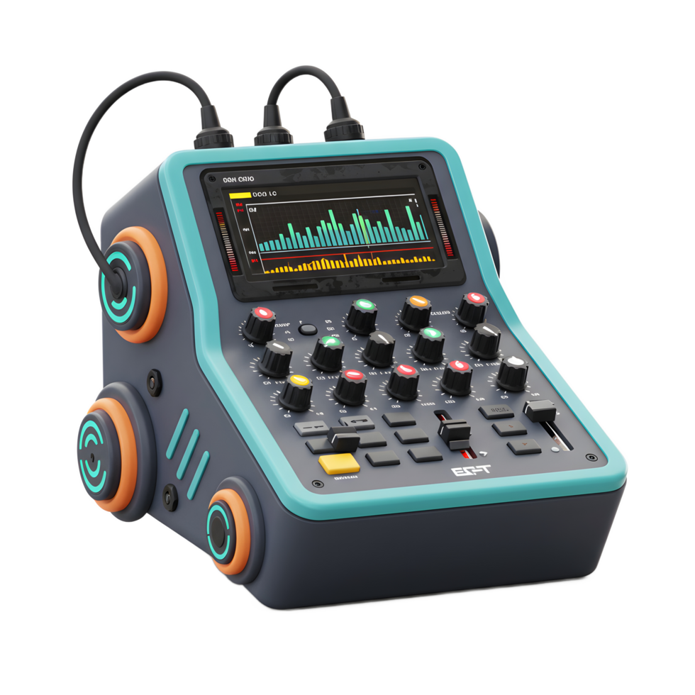 This blue and gray audio mixer features a screen displaying a waveform, numerous knobs and faders for precise control, and cables for connecting to other devices, typically used for music production. png