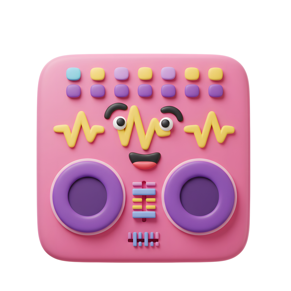 A pink DJ mixer pad features a cartoon face with colorful buttons, waveforms, and dials, making it a fun and playful illustration for creative projects. png