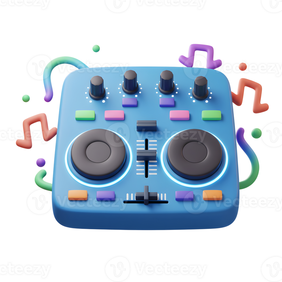 A blue DJ mixer with knobs, faders, and music notes surrounding it creates a fun atmosphere for music production. png