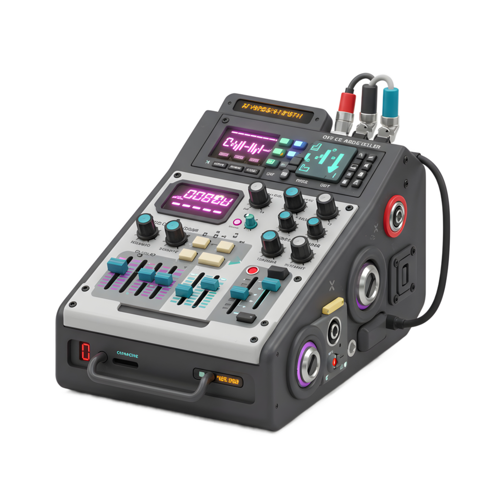 A sound mixer with screens, knobs, and sliders shown on a white background, suitable for audio editing and mixing. png
