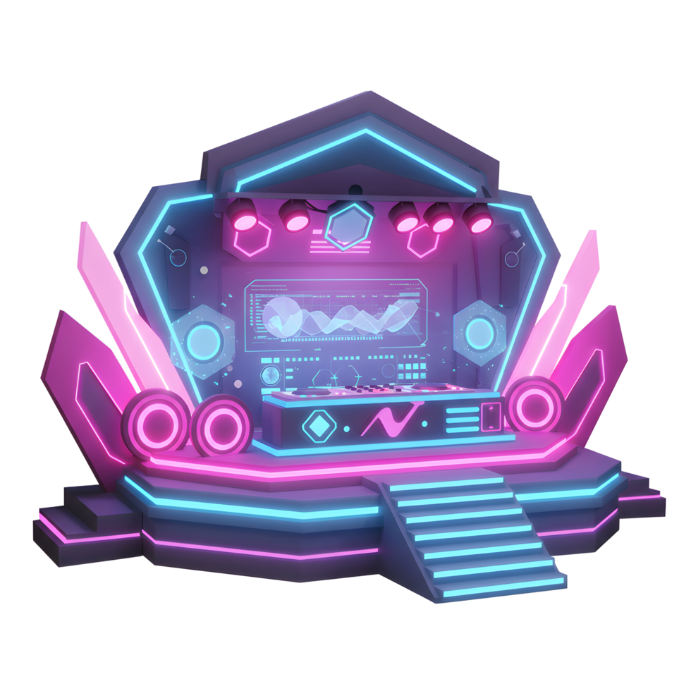 A futuristic stage with neon lights and digital displays creates a modern and vibrant atmosphere for performances. It is ideal for concerts, presentations or shows. png