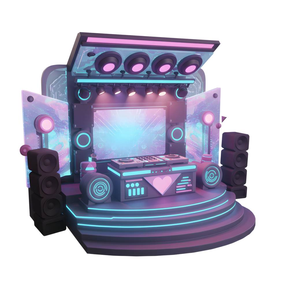 A neon-lit stage features a DJ turntable, speakers, and colorful screens, perfect for showcasing music and entertainment. png