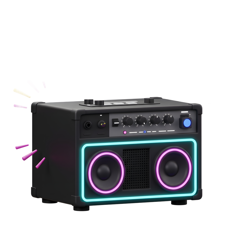 A black speaker with neon lights around two visible speakers emits sound waves, likely used for music or audio amplification. png