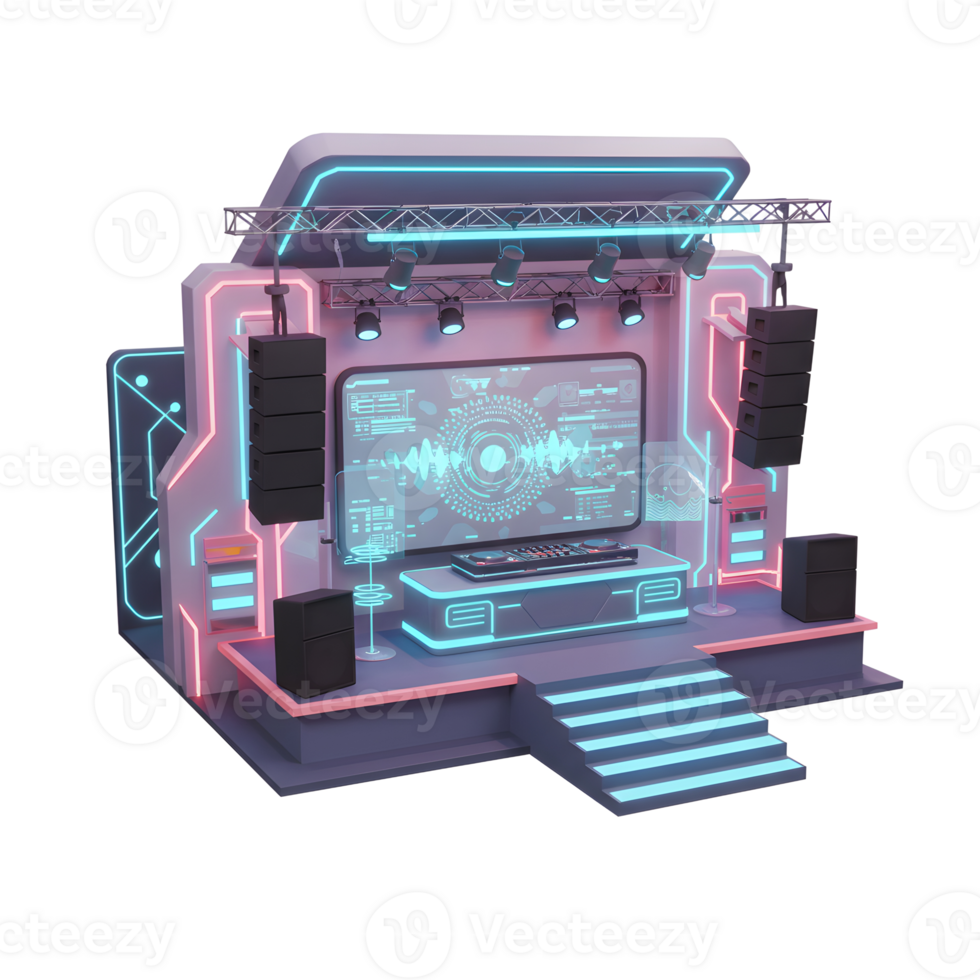 A futuristic stage setup with a large monitor, speakers, neon accents, and dj controller creates a vibrant and high-tech environment for performance and entertainment. png