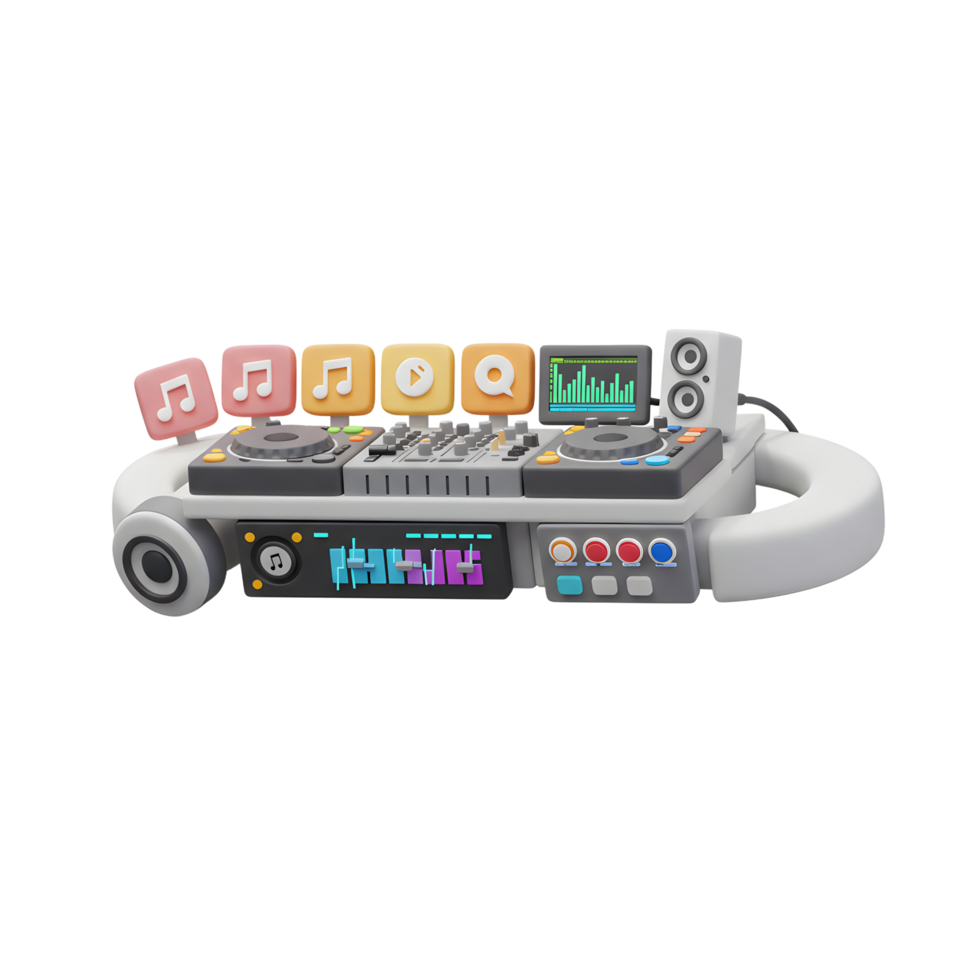 A 3D render of a DJ mixer with turntables, equalizer, and speaker can be used to create electronic music. png