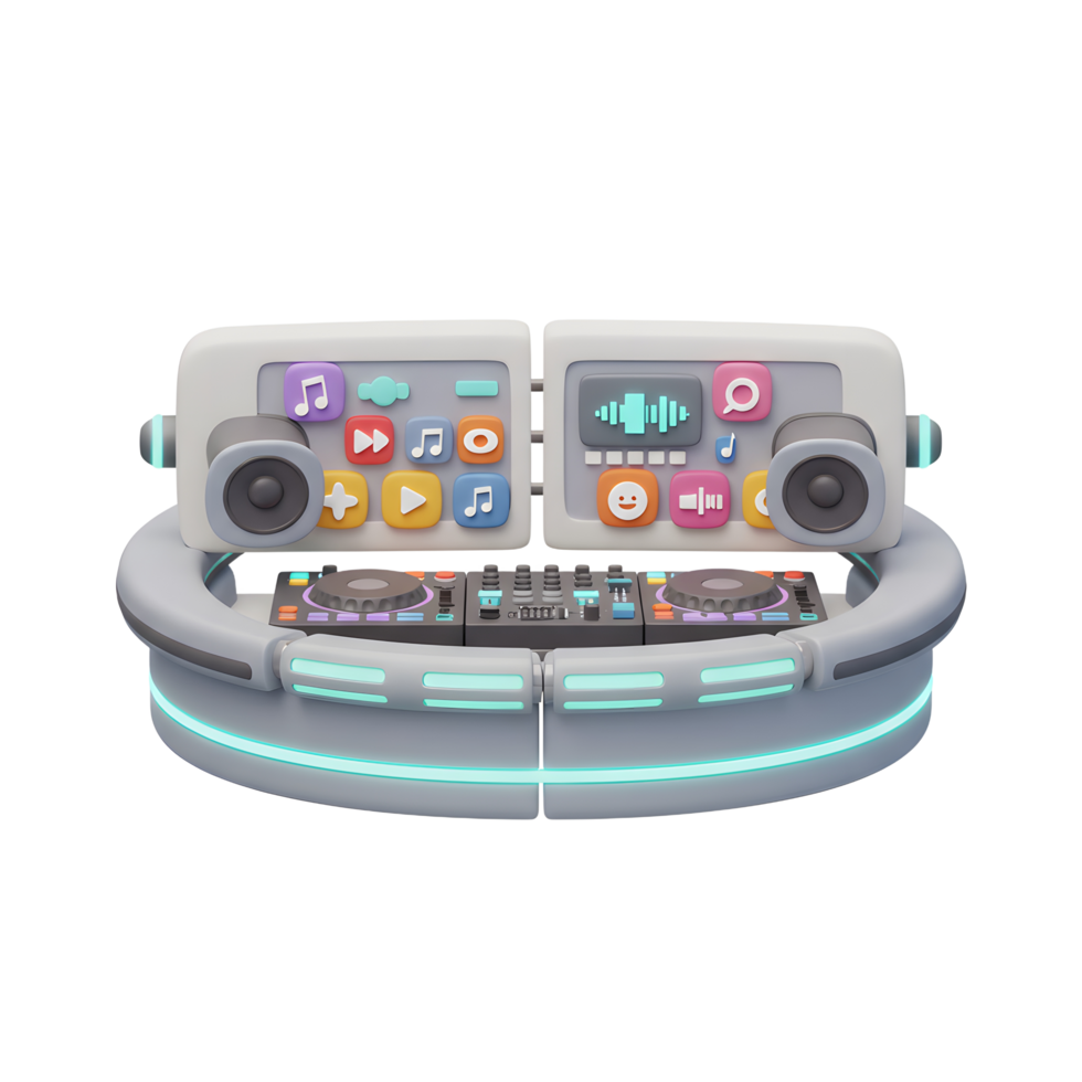 A stylized DJ deck with speakers and screen provides a fun way to create digital music. png