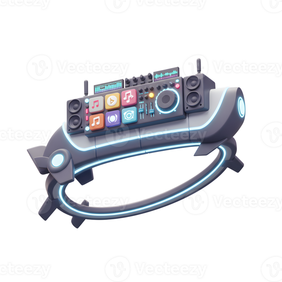 Futuristic DJ mixer console with square app icon set makes creating and enjoying music a fun, engaging experience. png