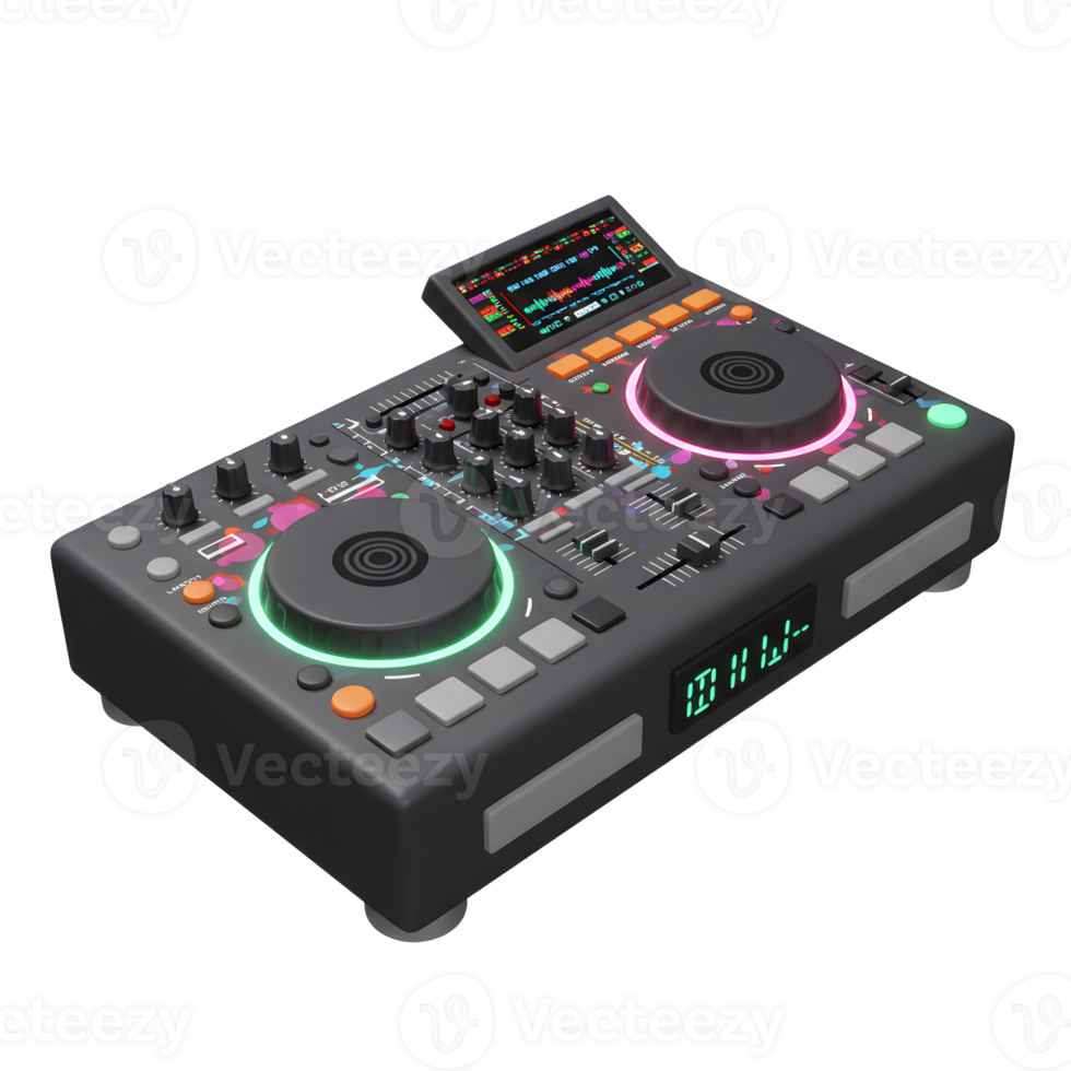 A gray DJ mixer features a screen, knobs, buttons, sliders, and illuminated turntables, making it ideal for creating and manipulating audio for live performances or studio recordings. png