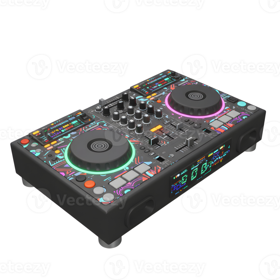 A black DJ controller with colorful details is displayed, showing its capacity to create music. png