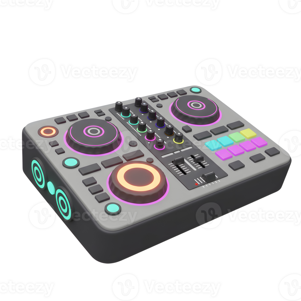 A gray DJ mixer with colorful knobs, buttons, and sliders is shown in a digitally rendered image, ideal for music production or performance. png