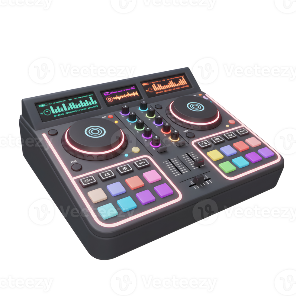 A black DJ controller features colorful buttons, displays, knobs, and sliders, often used for mixing and producing music. png