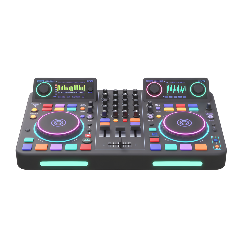 A black DJ controller with glowing elements, knobs, and sliders is used for music production. png