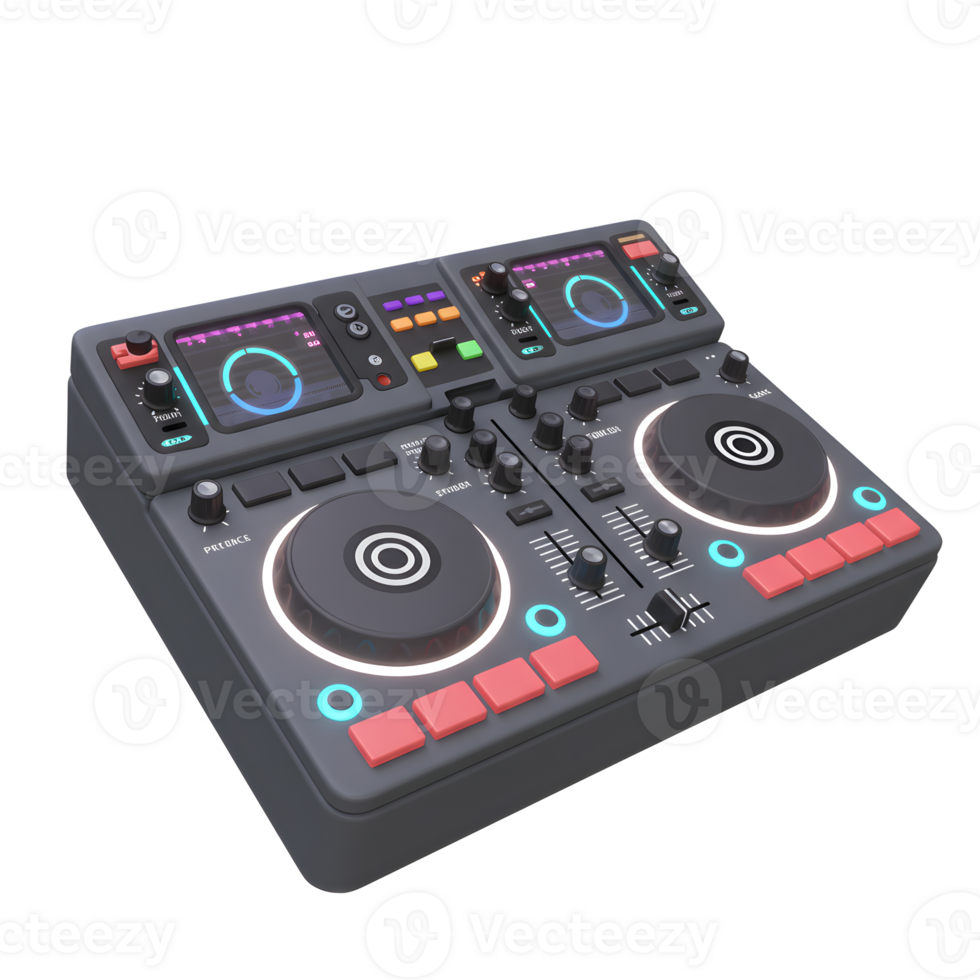 A gray DJ controller features multiple knobs, buttons, screens, and faders, designed for mixing and manipulating audio. png