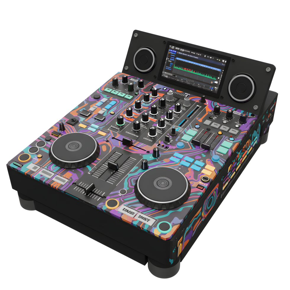 This black DJ controller features a colorful patterned design, a screen with waveform displays, and jog wheels for mixing music, offering a professional setup for DJs. png