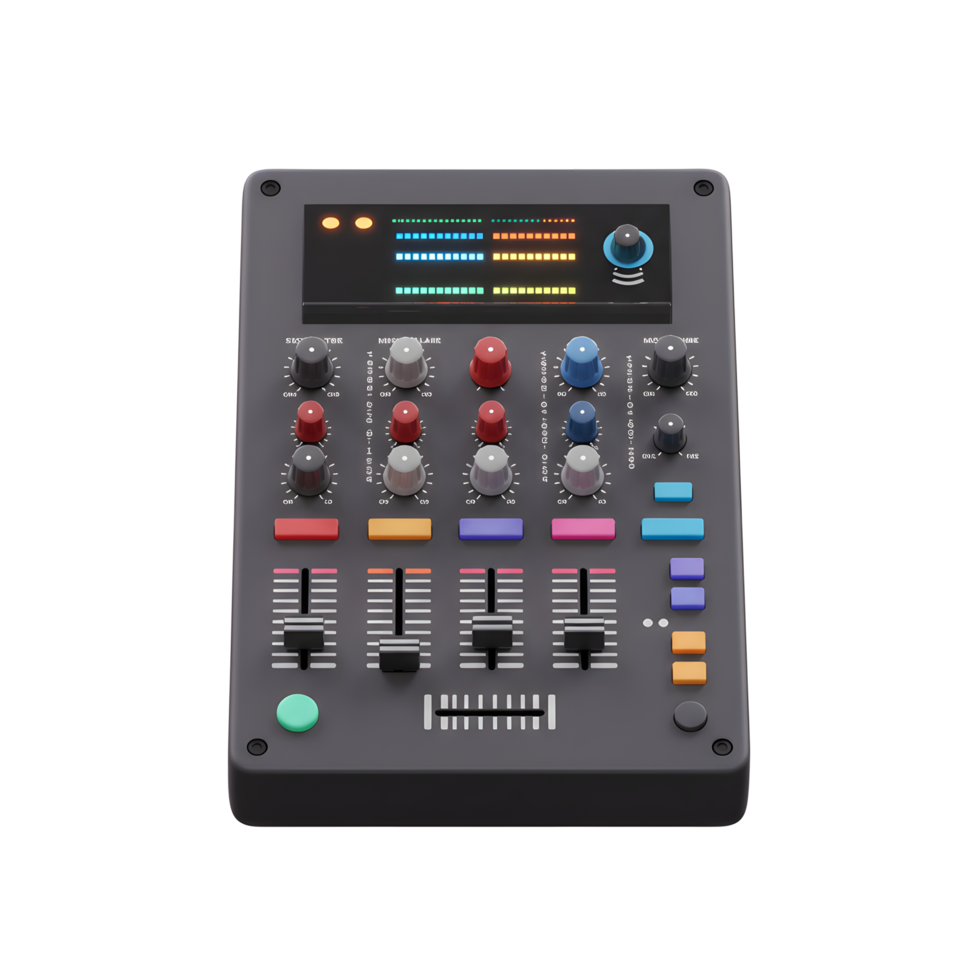 A black audio mixer features colorful knobs, faders, and level meters for adjusting sound, often used in music production and live performances. png