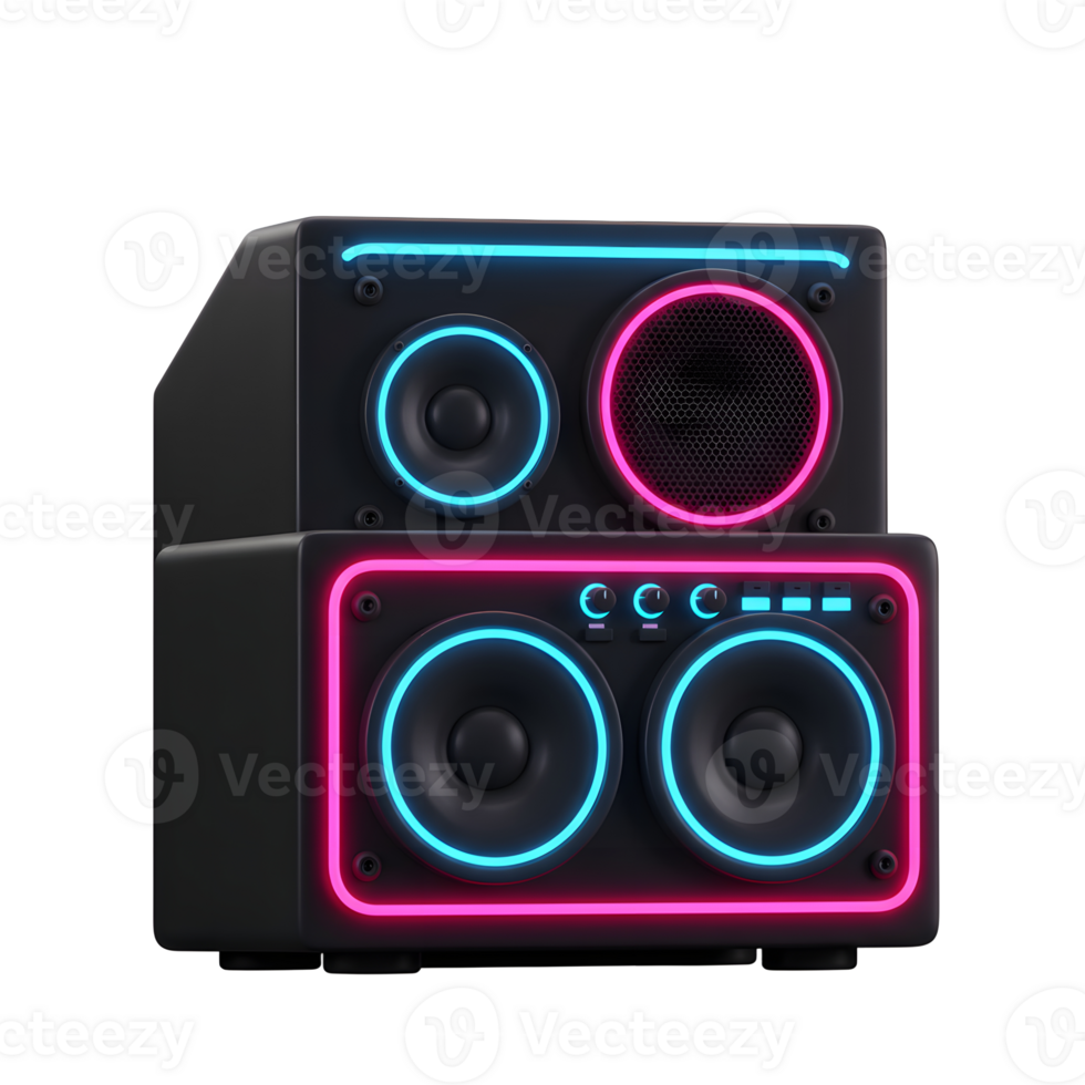 Two black speakers are stacked with neon accents in blue and pink, often used for playing music. png