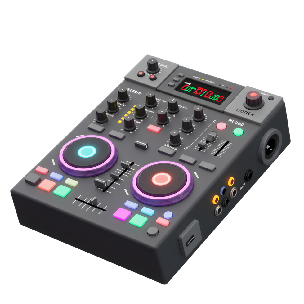 A DJ mixer controller features numerous knobs, buttons, sliders, jog wheels and a LED display, commonly used for mixing audio, controlling sound levels, and creating unique sound effects. png