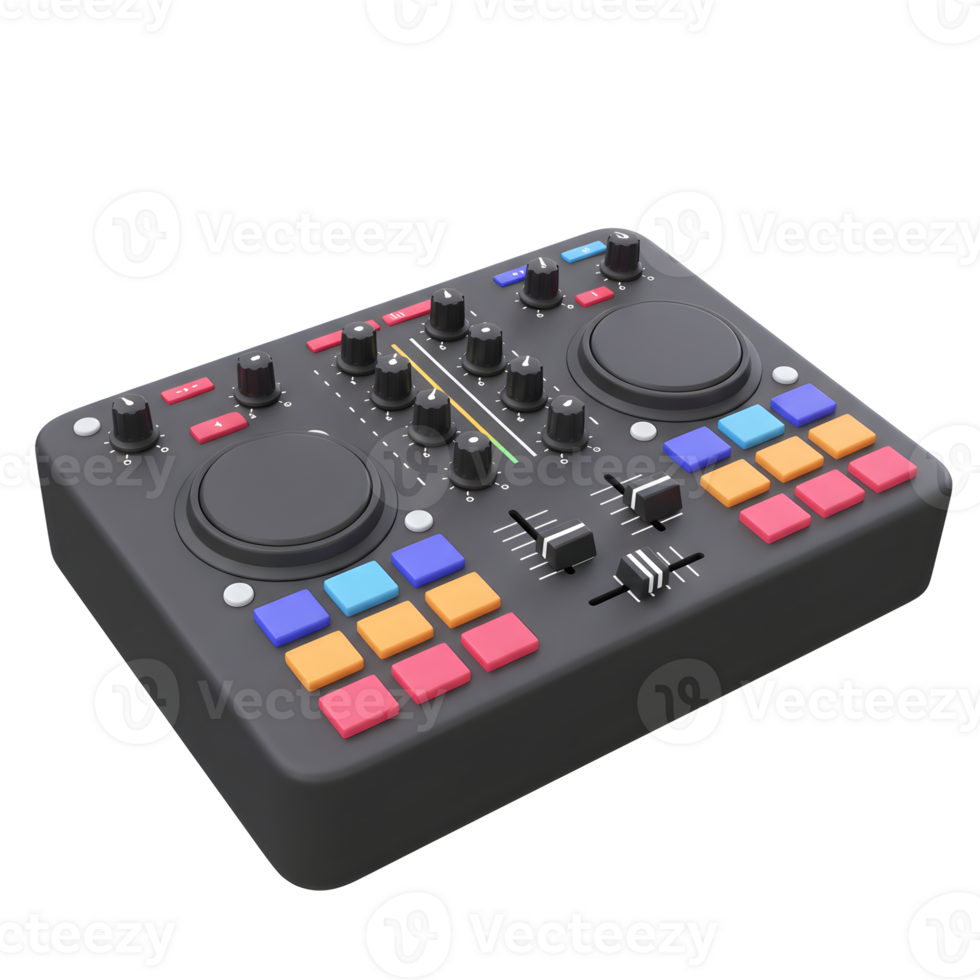 A black DJ mixer with colorful buttons and several knobs and faders sits on a white background, ready for mixing music. png