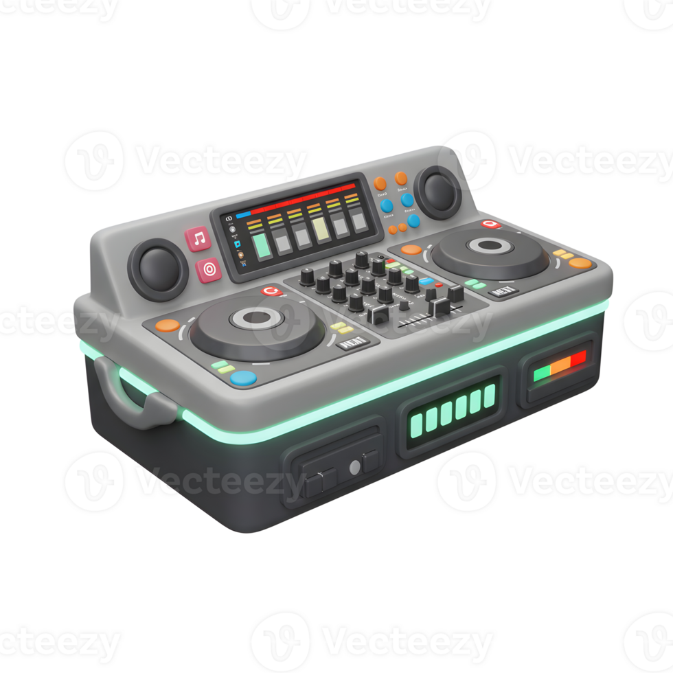 This stylized DJ mixer features knobs, sliders, and illuminated indicators, perfect for creating electronic music. png