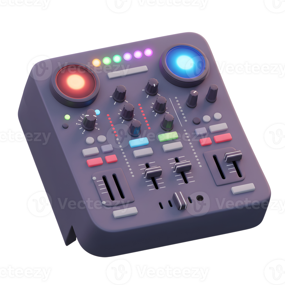 This is a 3D rendering of a DJ mixer with glowing lights, buttons, knobs, and faders, commonly used for mixing music and creating sound effects. png