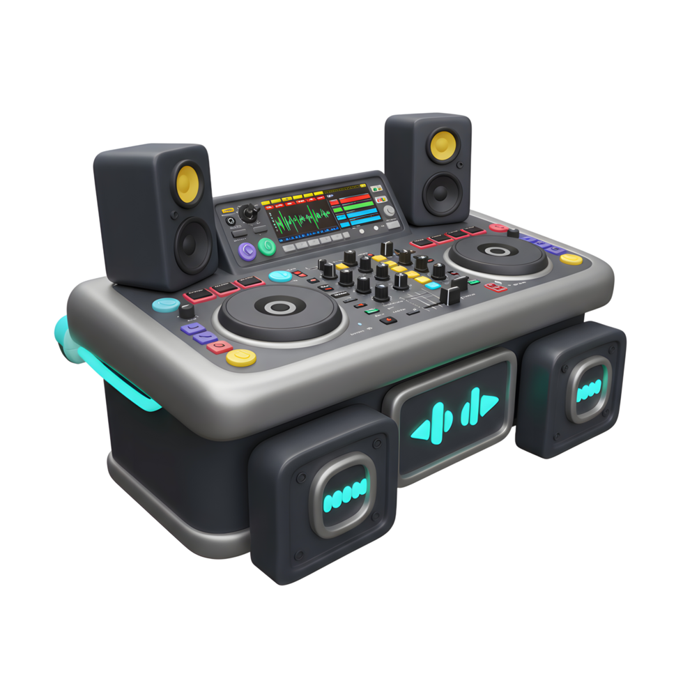 A DJ console is featured along with speakers, and it could be used in music production, live performances, or entertainment events. png