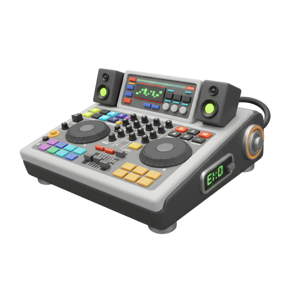 A close-up image shows a DJ mixer with colorful buttons, turntables, small speakers, and a screen displaying a sound wave for creating music. png