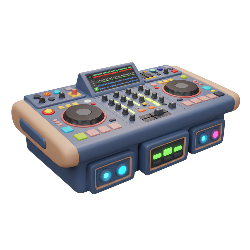 This 3D render features an electronic music mixer with knobs, buttons, and lights, designed to create beats. png