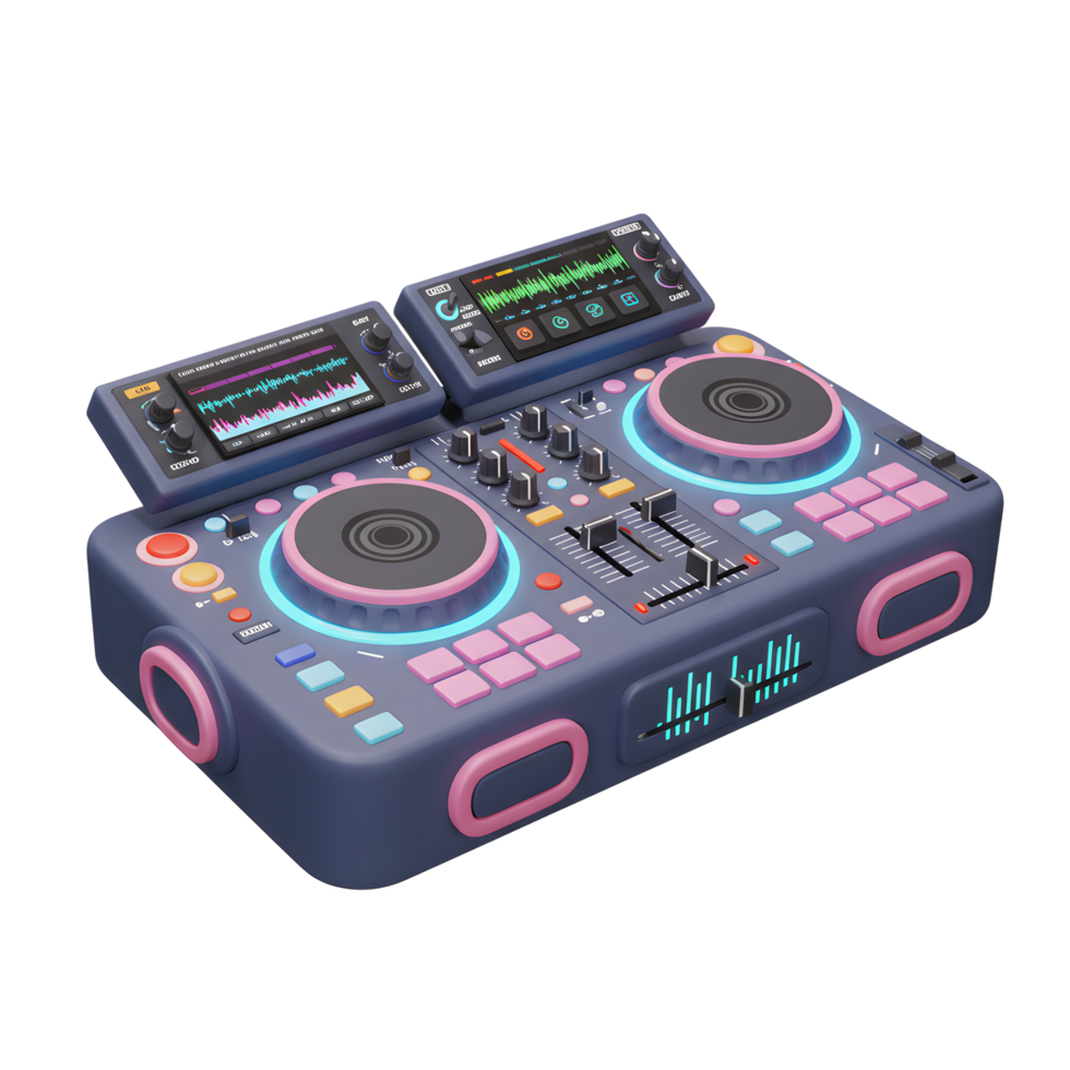 This is a stylized DJ mixer featuring turntables, equalizers, and screens, designed for mixing and creating music. png