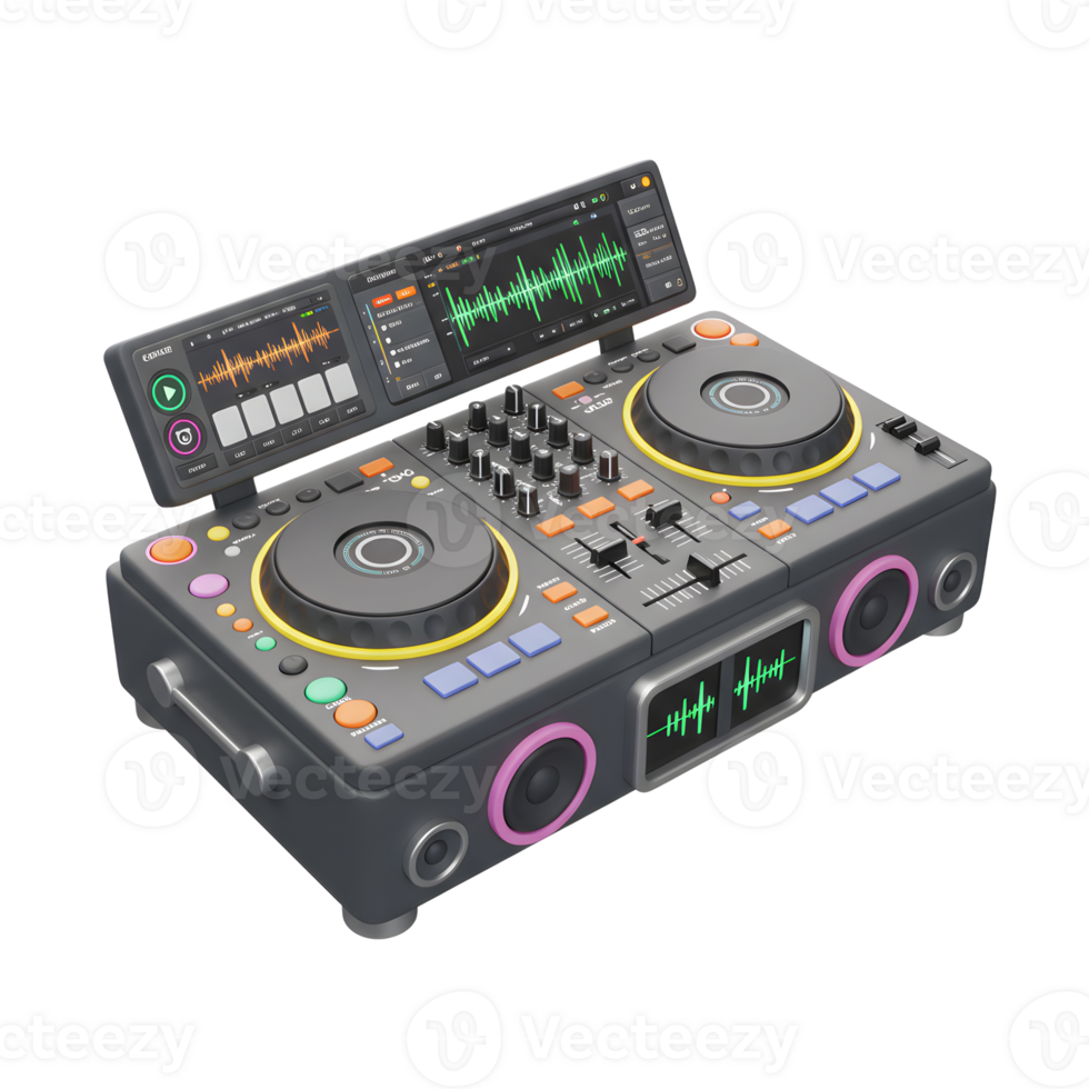 A digital DJ mixer features turntables, sliders, knobs, buttons, speakers, and display screens used to produce music. png