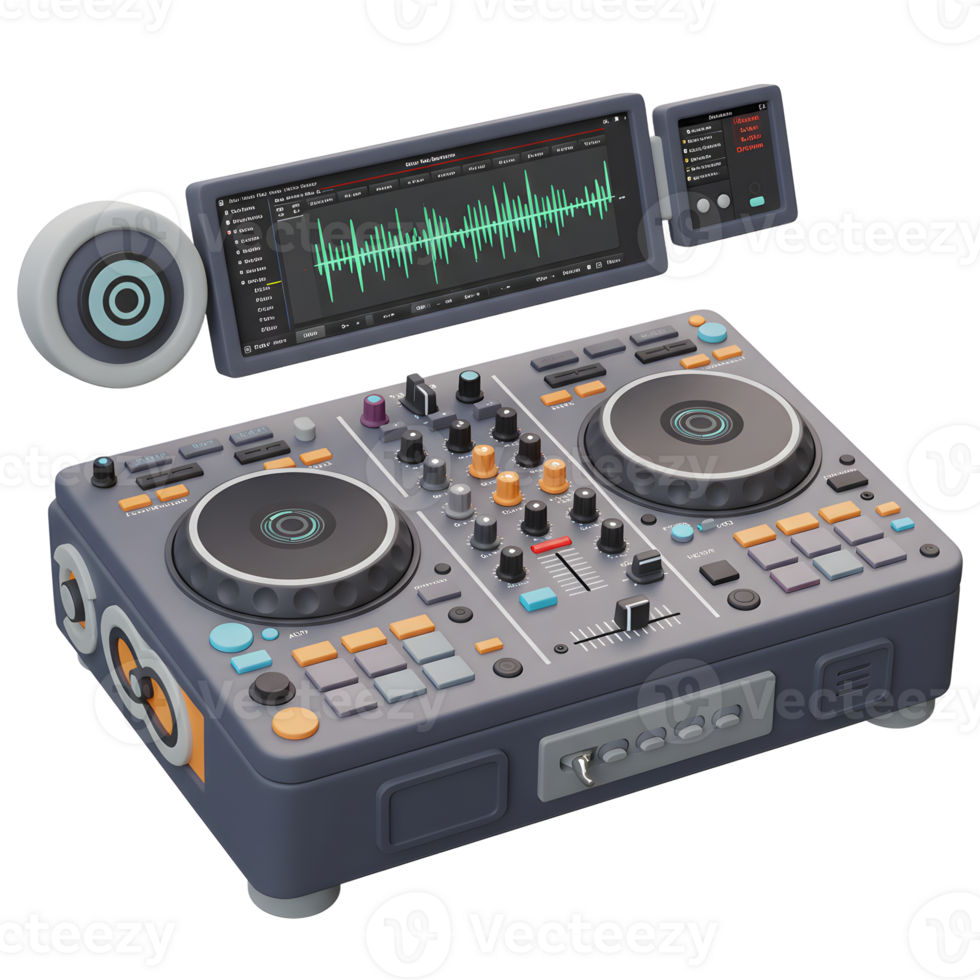 A DJ mixer with screens, knobs, buttons, and a speaker allows for music production and performance. png