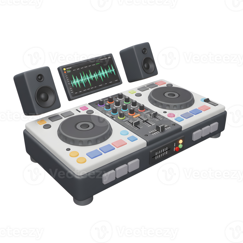 A dj controller features a screen, speakers, knobs, and buttons for creating music and playing audio. png