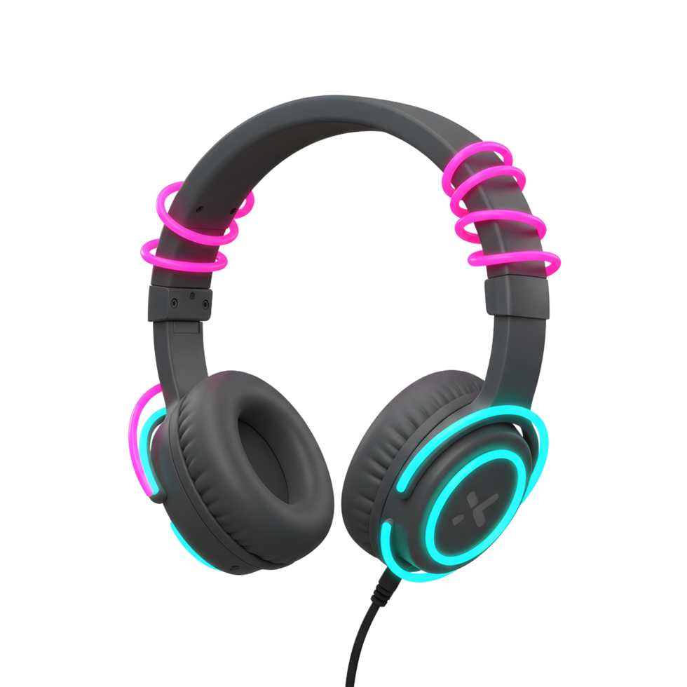 A gray headphones is decorated with pink spirals and neon lights, being used for audio listening. png