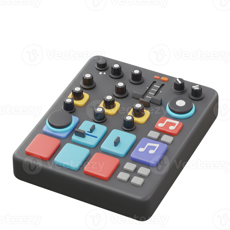 This is an audio mixer with colorful buttons, knobs, and a slider for controlling sound levels and creating music compositions. png