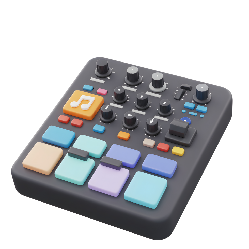 A sound mixing board with multiple colorful buttons and dials allows for precise audio control, making it great for music production and live sound engineering. png