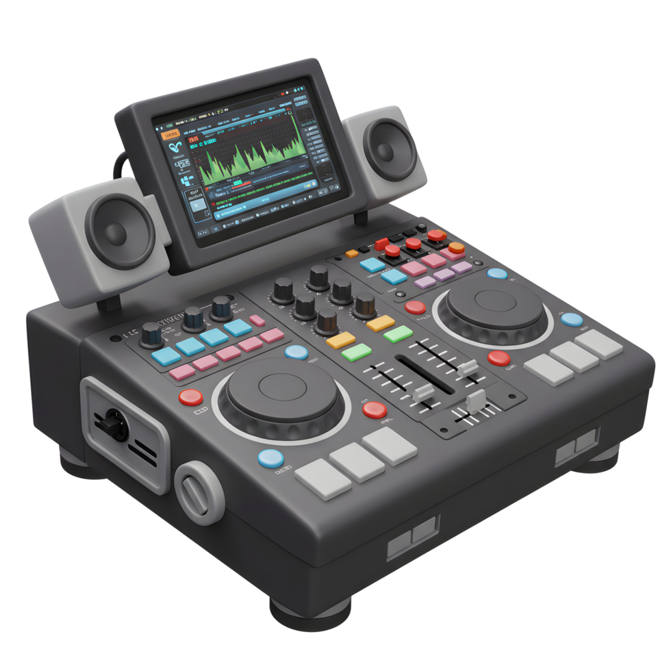 A gray DJ mixer is shown with a screen displaying audio waveforms, side speakers, and various buttons, sliders, and knobs for controlling music mixing and playback. png