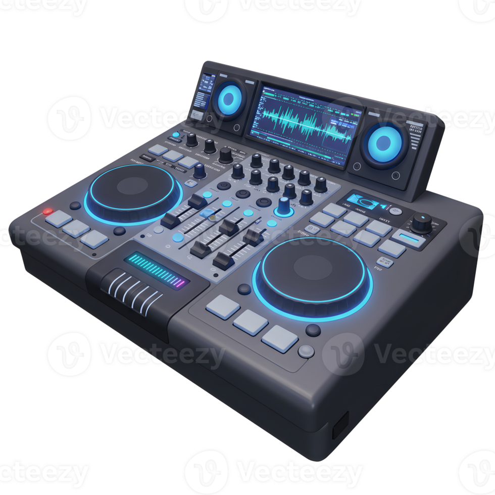 A gray DJ mixer controller with glowing blue accents features turntables, sliders, knobs, buttons, and a screen for mixing music and performing live sets. png