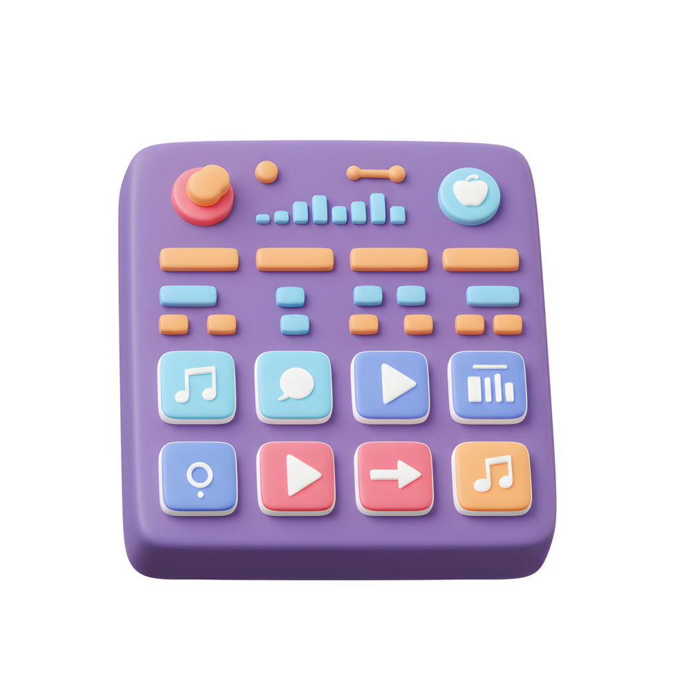 A purple dashboard features an assortment of colorful buttons and controls, suggesting interactive functionality for various digital applications. png