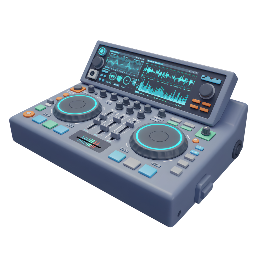 This DJ mixer with turntable and sliders is used to create audio effects for mixing and producing music. png