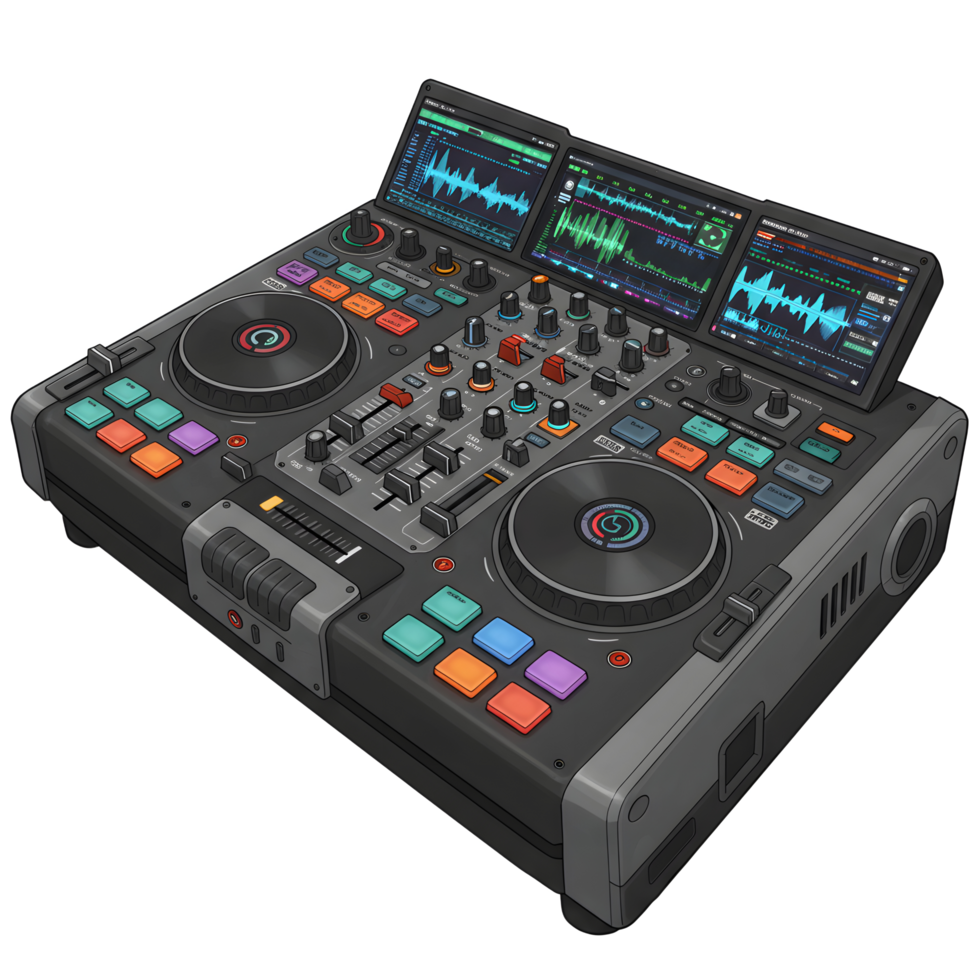 A DJ controller featuring screens, faders, knobs, and pads can be used to mix and manipulate audio files for live performances. png