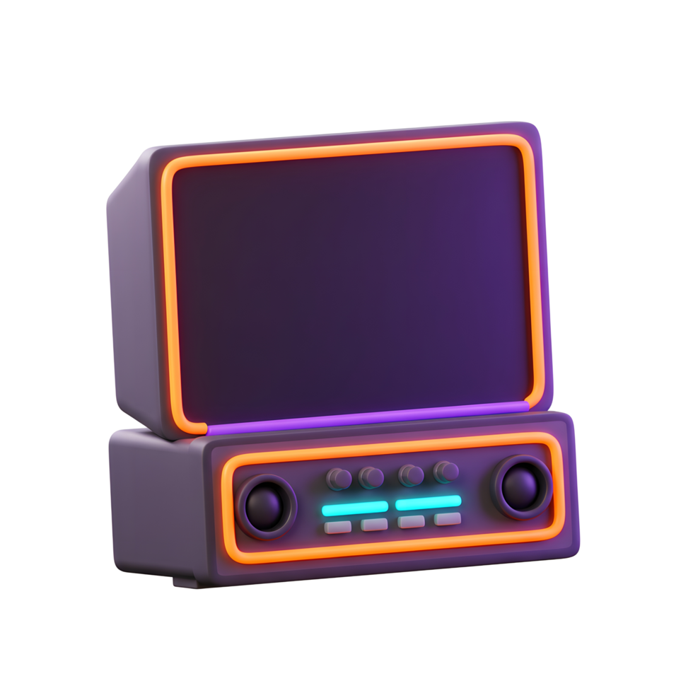 A retro-style television with a 3D render and neon accents is presented for entertainment and visual appeal. png
