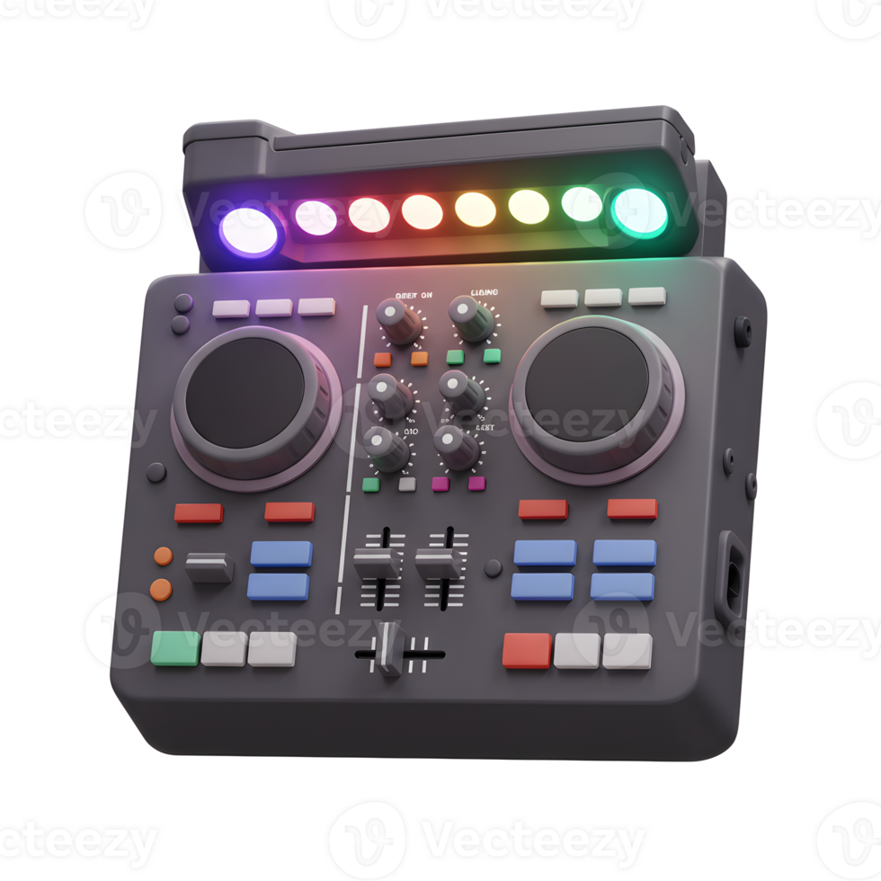 A DJ mixer features multiple knobs, buttons, and sliders to control audio signals, allowing users to blend and manipulate music for live performances or recordings. png