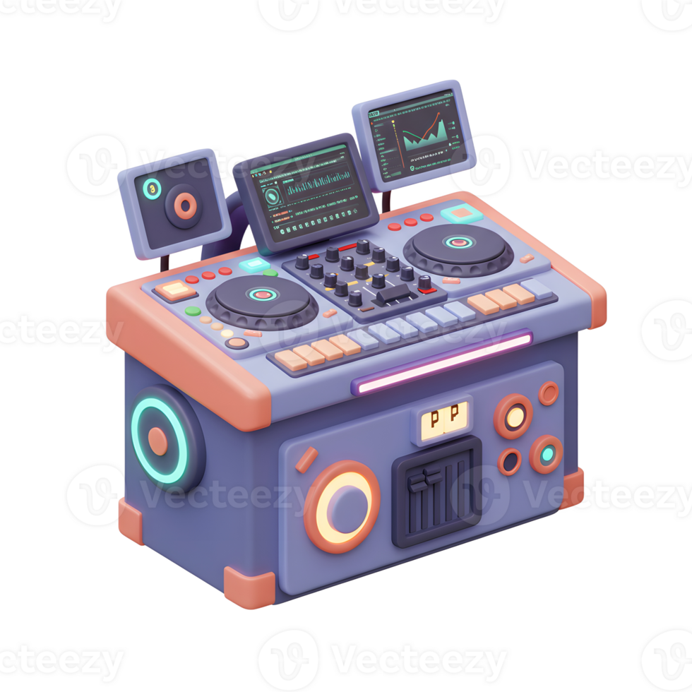 A stylized dj console with multiple screens, knobs, and a turntable helps a professional in music production. png